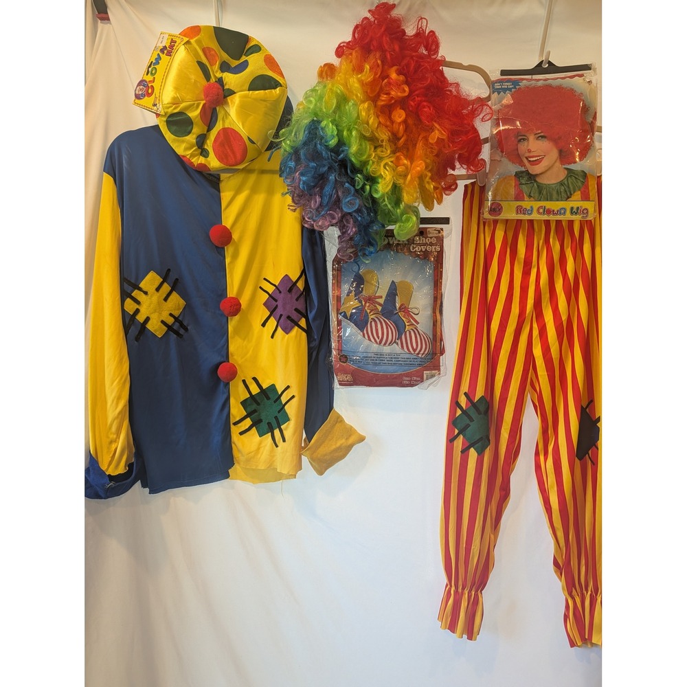 Unisex Clown Costume 6 pc Set L/XL Shirt Pants Rainbow Red Wig Hat Shoe Covers
